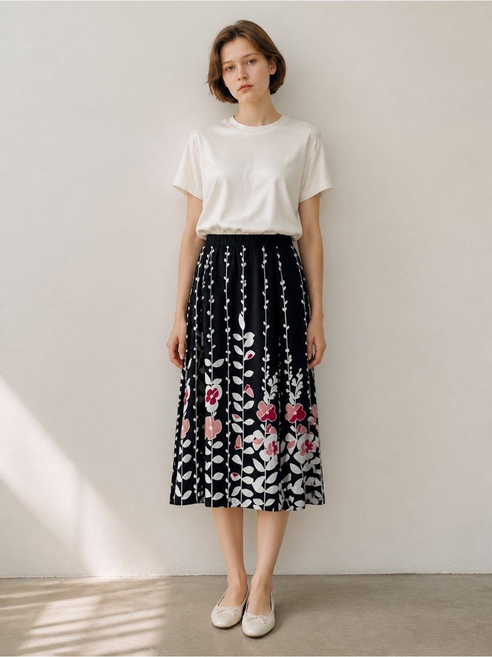 Talbots Petites Pure Silk Floral Print A-Line Skirt Size 12P Black Pink